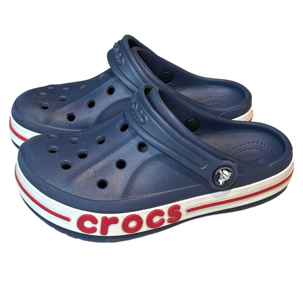 Crocs Navy Blue Banded Platform Red White Slip on Clog Shoes Size 13 Children's